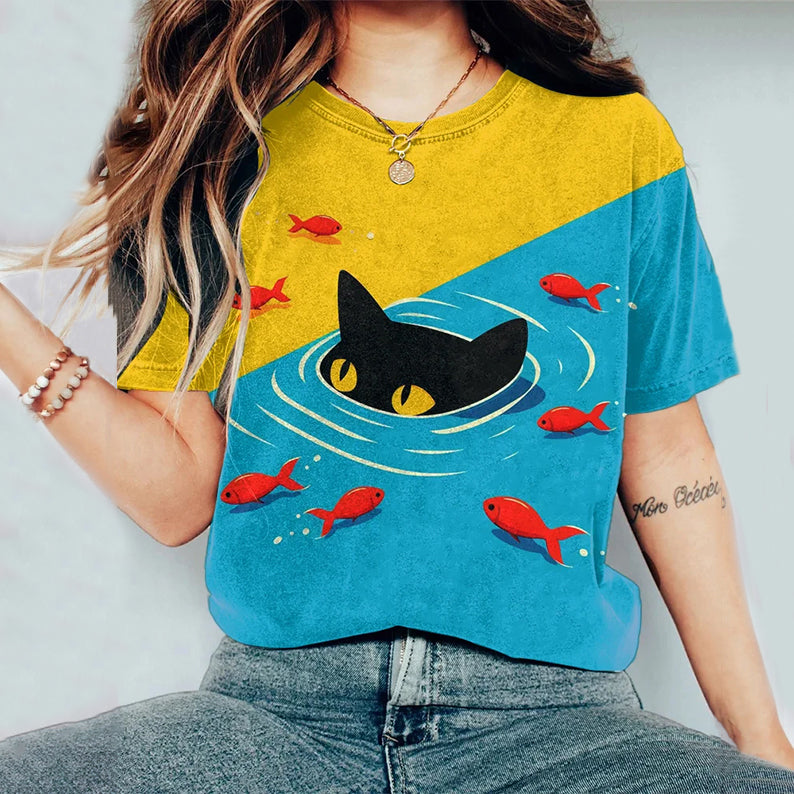 Abstract Creative Black Cat And Fish Art Print Cotton Graphic T-shirt elevenforest