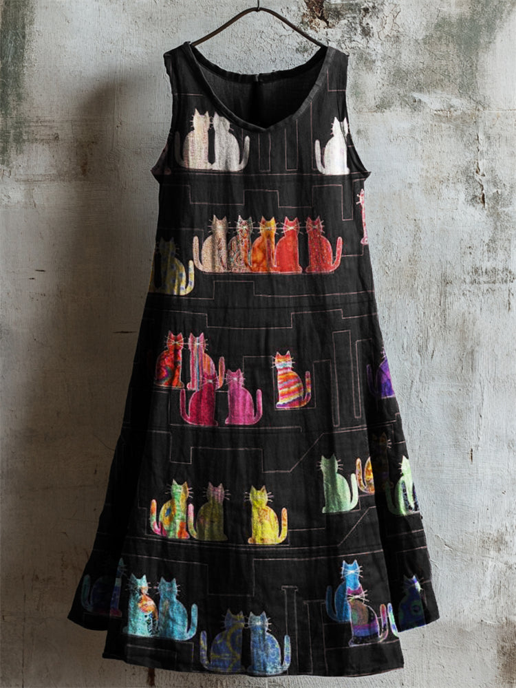 Colorful Cats Patchwork Fiber Art Linen Dress elevenforest