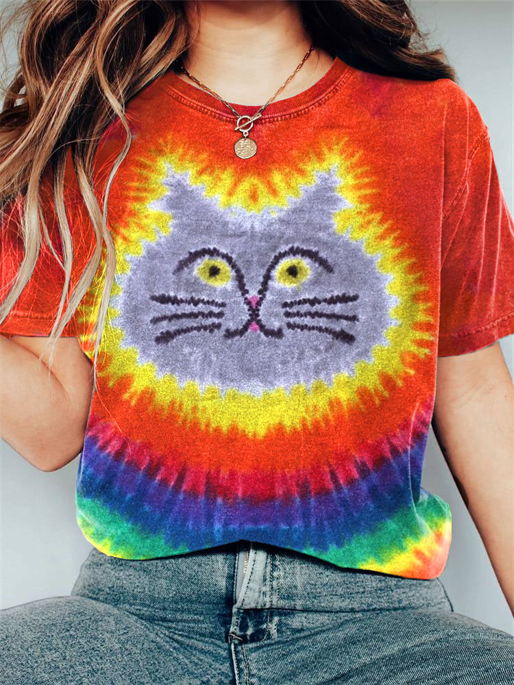 Tie-Dye Art Cat Pattern Short Sleeve T-Shirt elevenforest