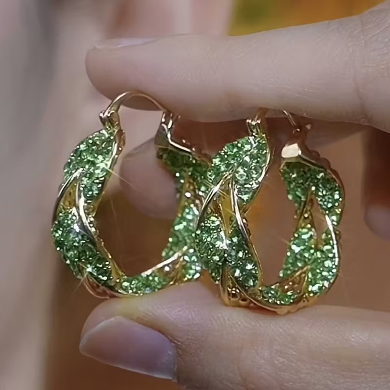 Green Bright Hoop Gold Earrings