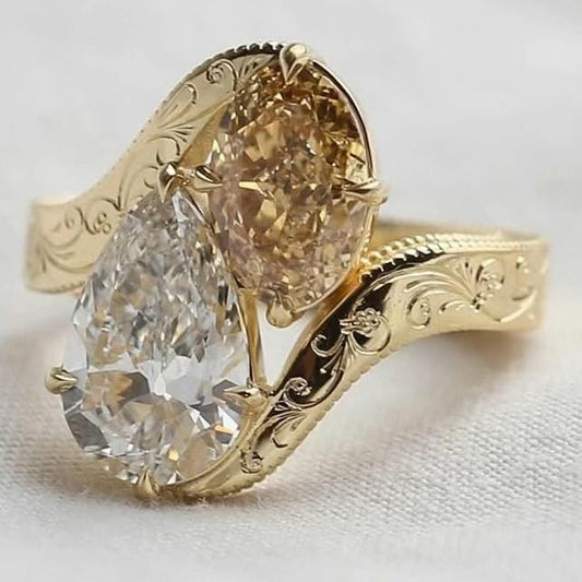 White Orange Spiral Crystal Gold Ring