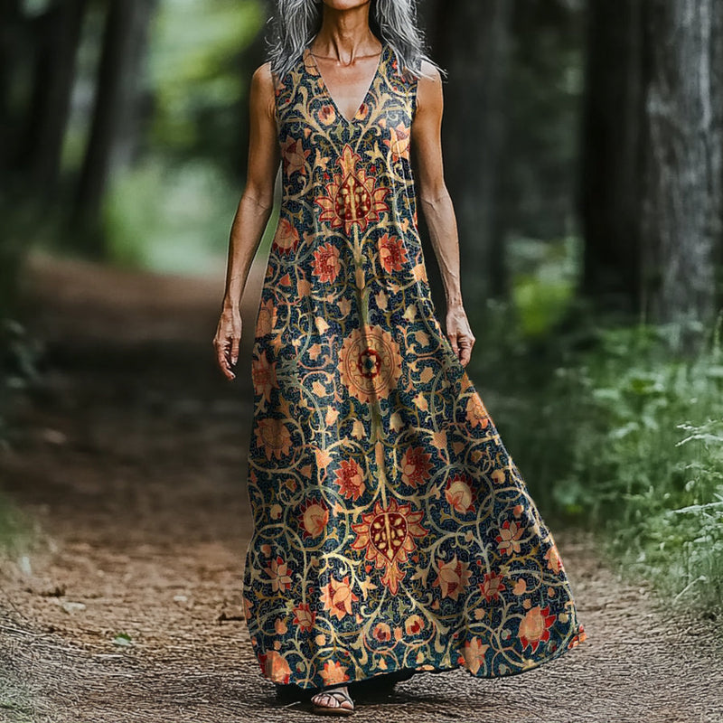 Women's Ethnic Totem Floral Art Pattern Print V-neck Sleeveless Pocket