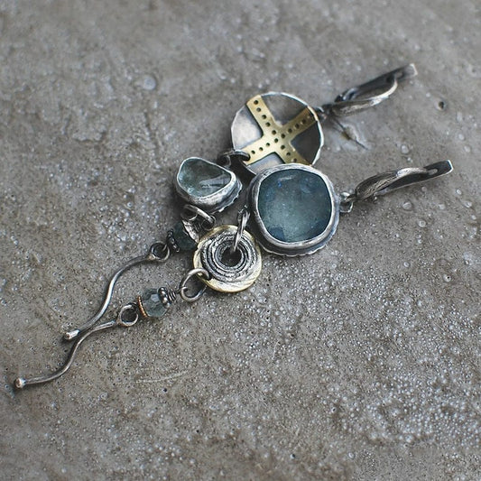 Antique" Earrings With Blue Stones and a Cross