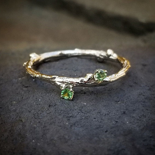 Nature Green Stone Silver Branch Ring