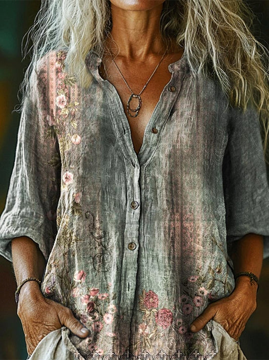 Women's Vintage Ethnic Floral Print Casual Cotton Linen Shirt