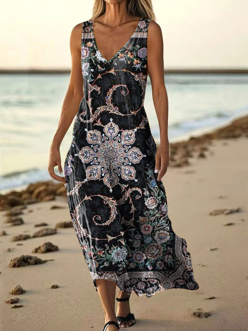 Women's Vintage Ethnic Floral Art Print Pocket Cotton Dress