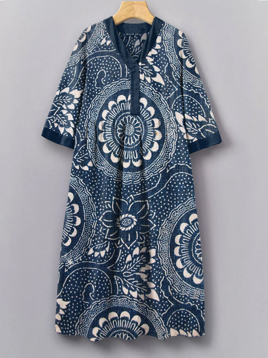 Vintage Japanese Traditional Sashiko Art Pattern V-Neck Long Sleeves D