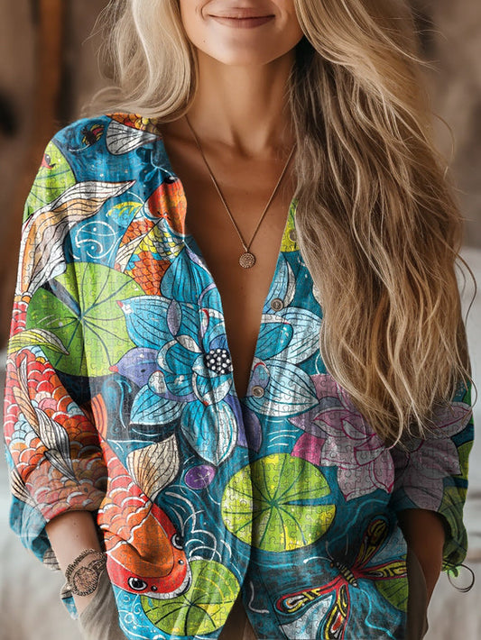 Women's Lotus Koi Lucky Pattern Art Print Casual Cotton Shirt