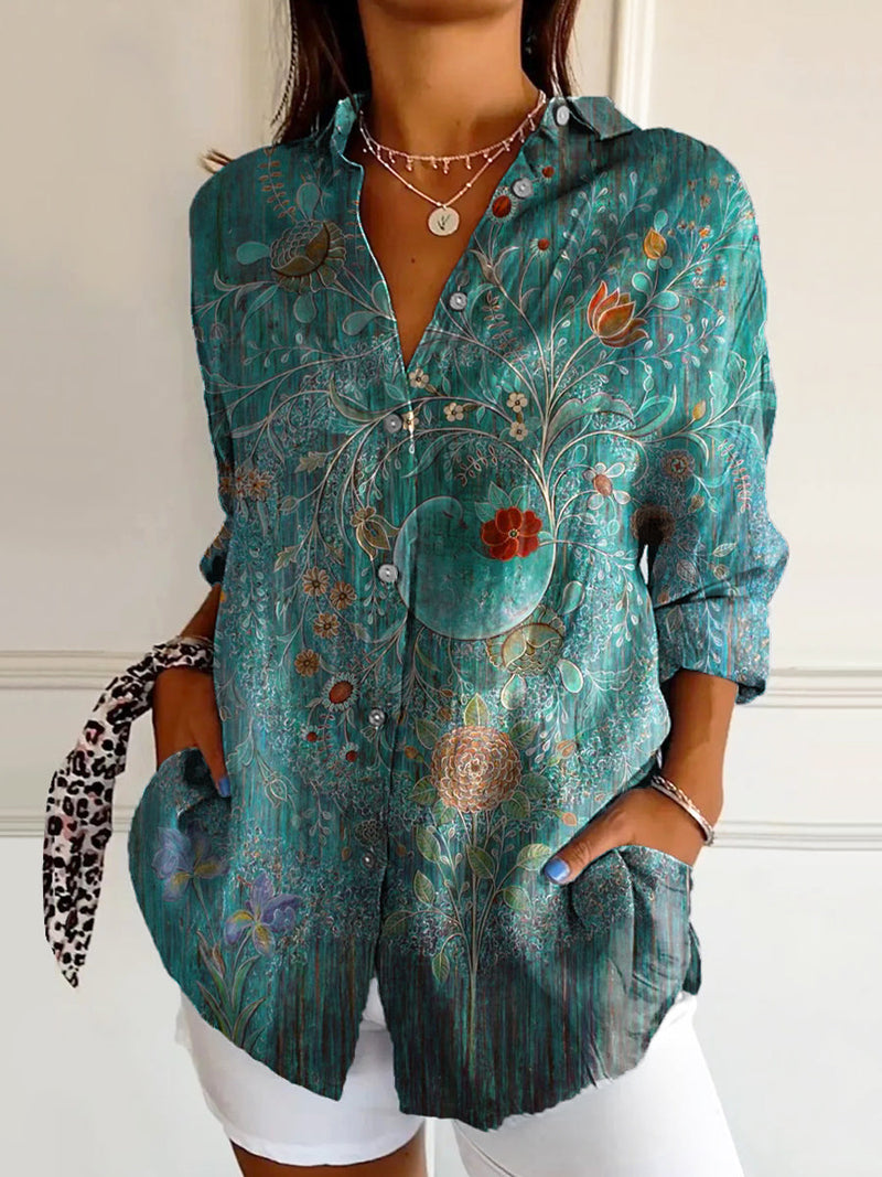 Women's Vintage Floral Art Print Casual Cotton Shirt