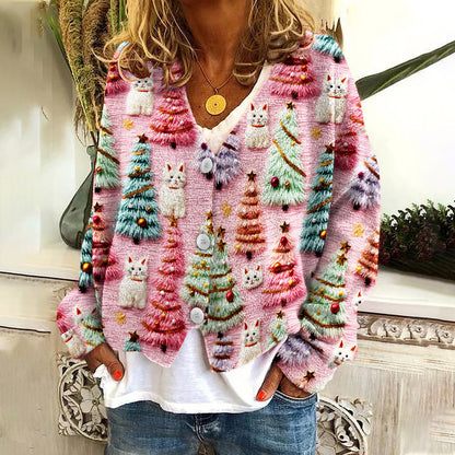 Christmas Tree Cute Cat 3D Print V-Neck Knitted Sweater Cardigan elevenforest