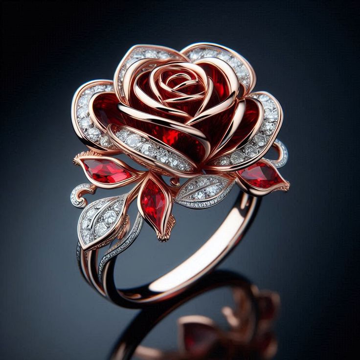 Exotic Red Rose Blossom Ring