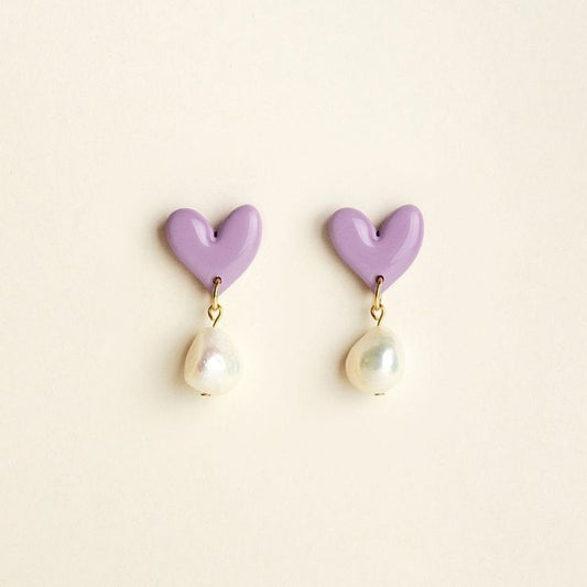 Lilac Heart Pearl Drop Earrings