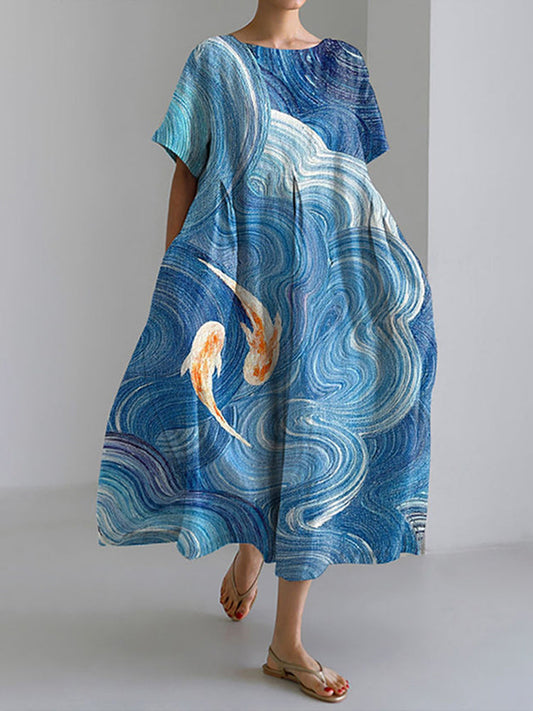 Japanese Art Wave Goldfish Print Casual Midi Dress