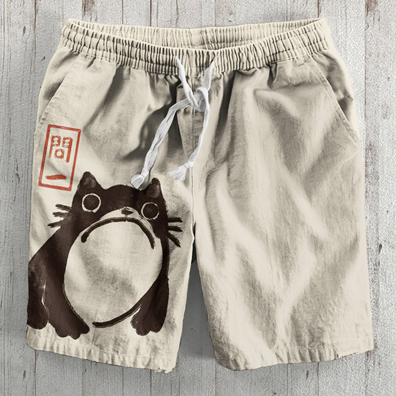 Retro Abstract Squatting Cat Art Print Casual Shorts elevenforest