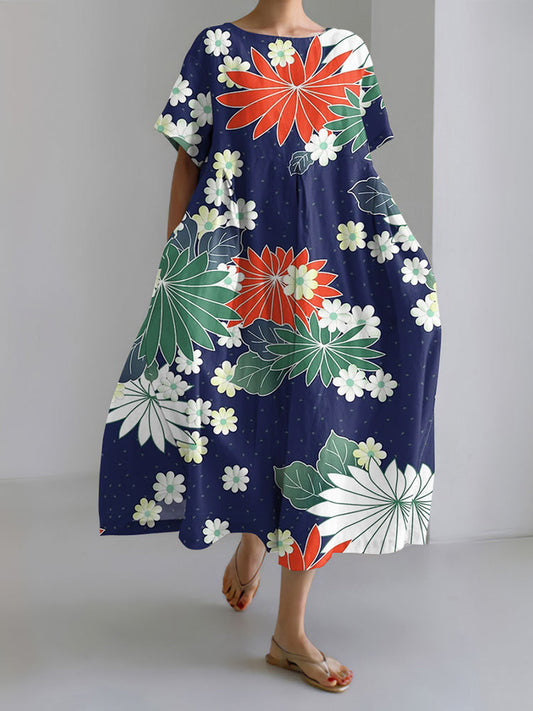 Japanese Art Flower Print Short Sleeve Loose Midi Dress