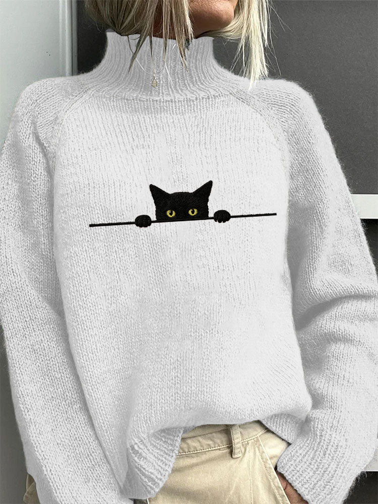 Women's Casual Funny Black Cat Print High Neck Sweater elevenforest