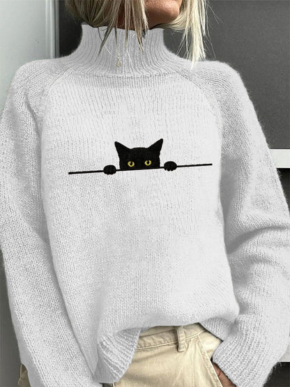 Women's Casual Funny Black Cat Print High Neck Sweater elevenforest
