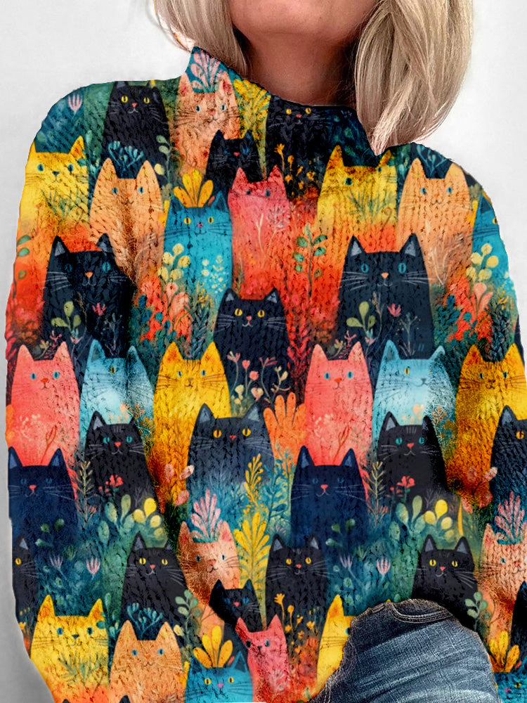 Cute Colorful Cats In A Rainbow Garden Pattern Cozy Sweater elevenforest
