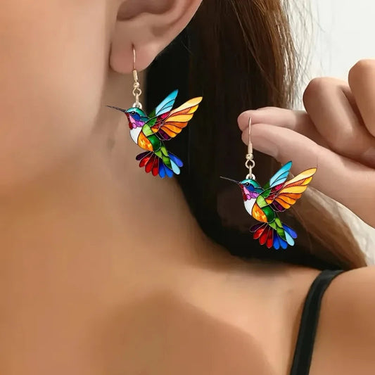 Acrylic Hummingbird Dangle Earrings ��� Bright 2D Bird Design