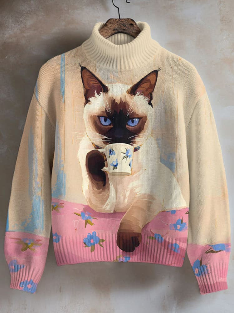 Women's Elegant Siamese Cat Drinking Coffee Art Print High Neck Knit Sweatshirt elevenforest