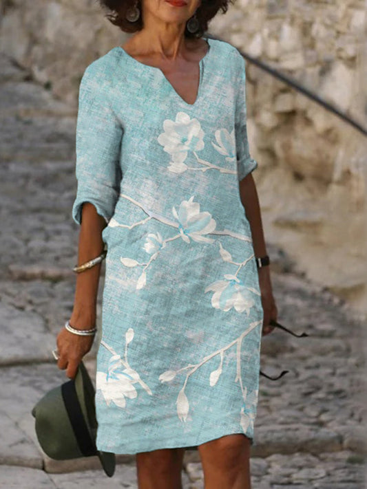 Women Vintage Floral Art Casual V Neck Midi Dress