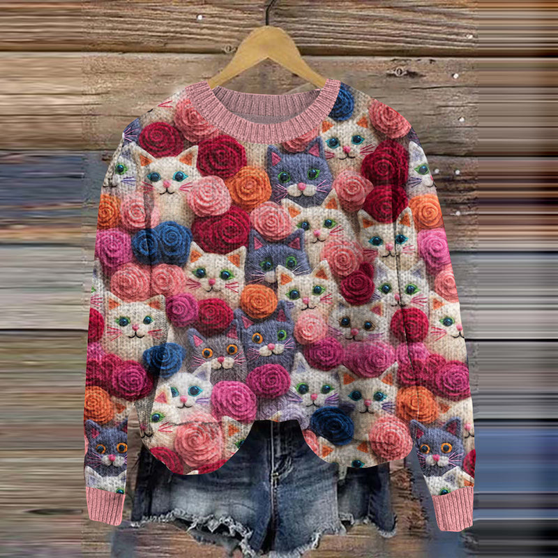 Cats & Flowers Pattern Cozy Knit Sweater elevenforest