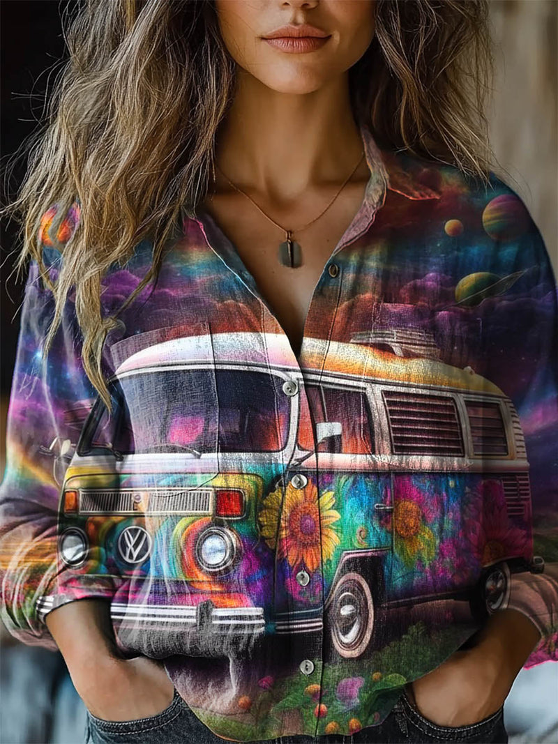 Women's Colorful Hippie Van Print Casual Long Sleeve Comfortable Cotto