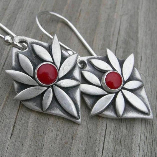 Boho Flower With Red Zirconia Silver Earrings