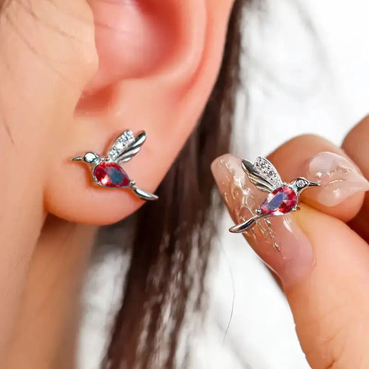 Red Crystal Hummingbird Silver Earrings