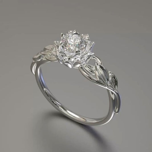 White Crystal Rose Silver Ring