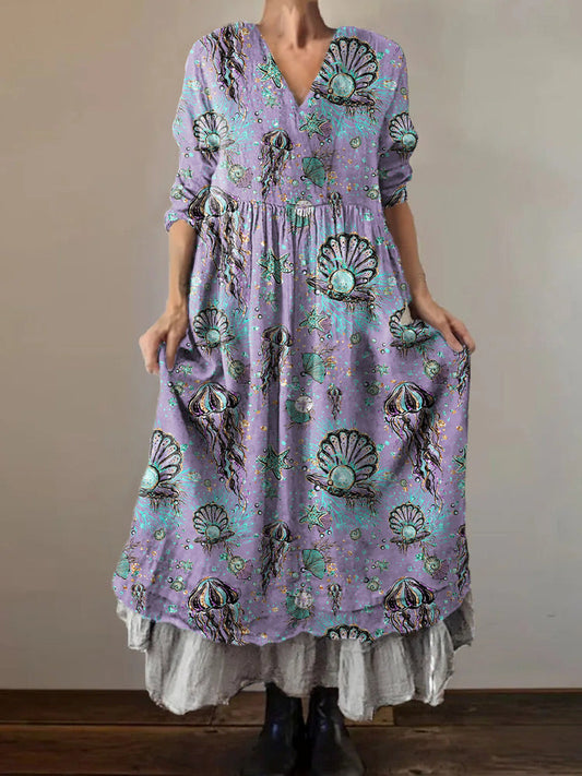 Women's Hippie Art Painting Underwater World Printed V-Neck Dress