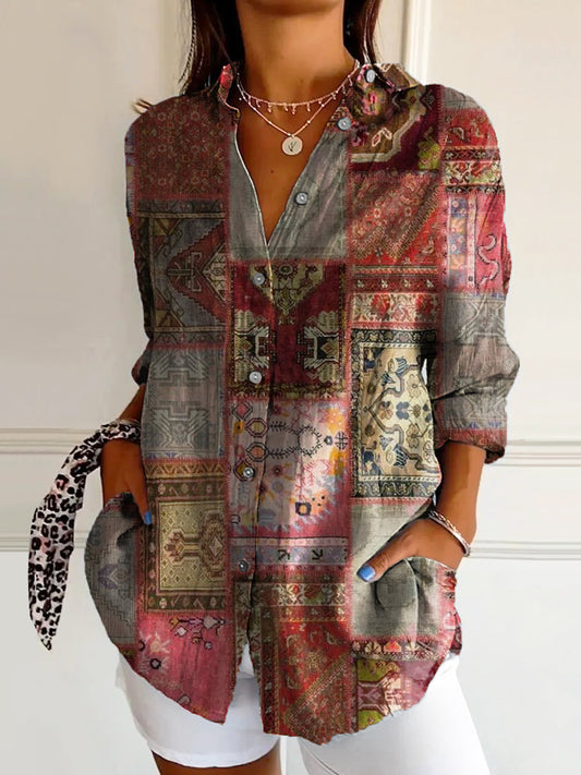 Women's Vintage Ethnic Floral Art Print Casual Cotton Shirt