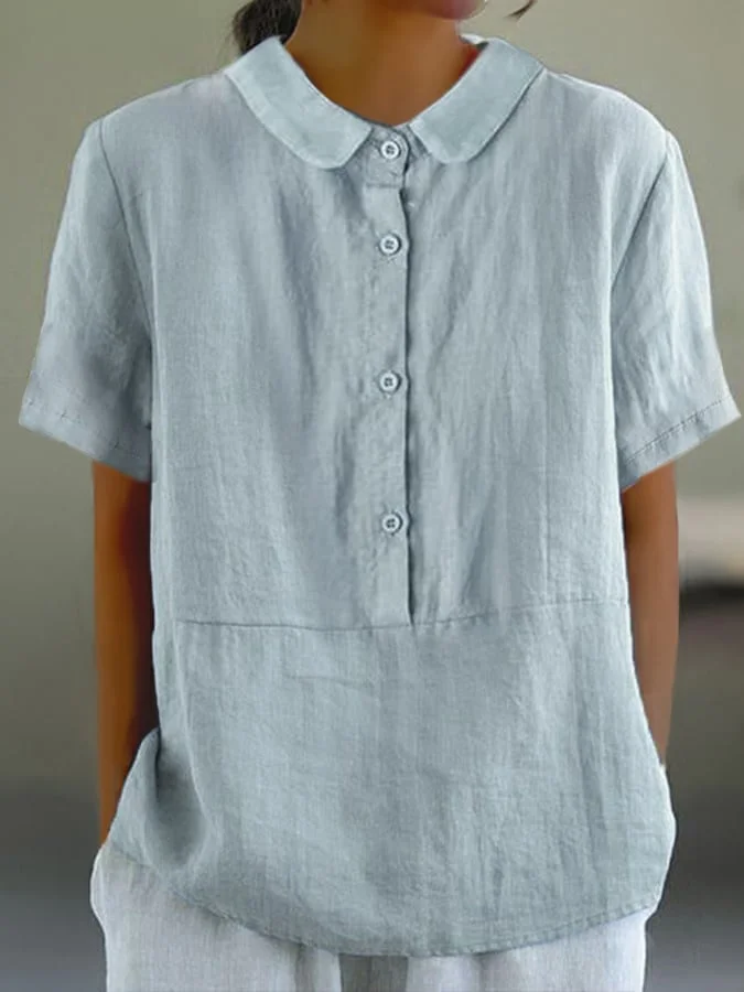 LD | Santorini - Effen casual damesshirt met ronde hals en knoopjes.