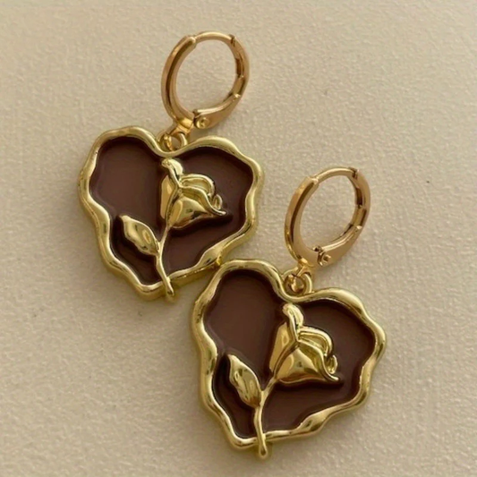 Vintage Gold Rose Heart Earrings