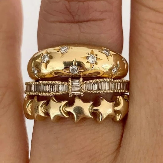 Crystal Stack Gold Thick Ring Set