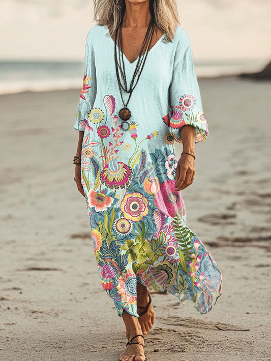 Women's Floral Art Print Pocket Cotton Dresses