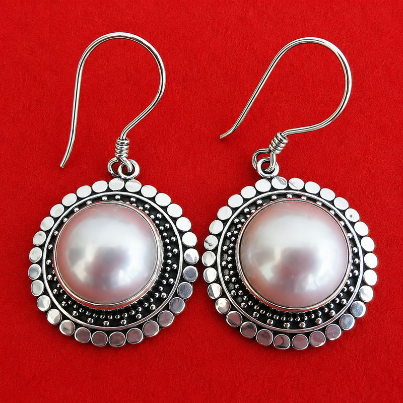 Inlaid Silver Pearl Earrings