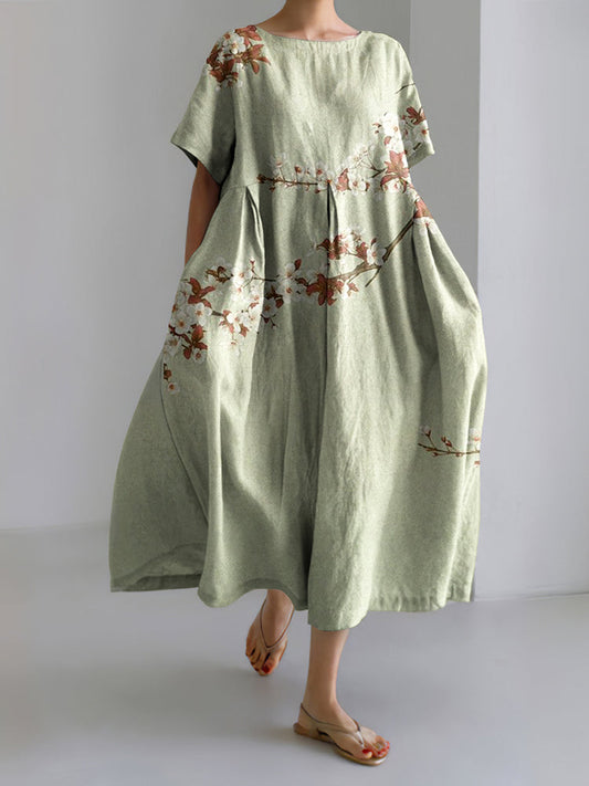 Japanese Art Flower Print Loose Midi Dress
