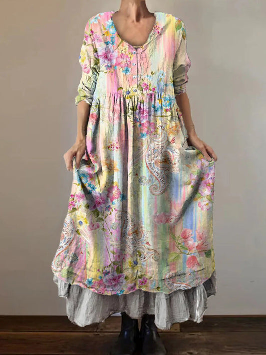 Women's Art Floral Hippie Vintage Print V Neck Dress