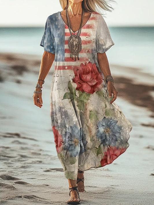 Women's Vintage Floral Flag Print V Neck Short Sleeve Cotton Pocket Dr