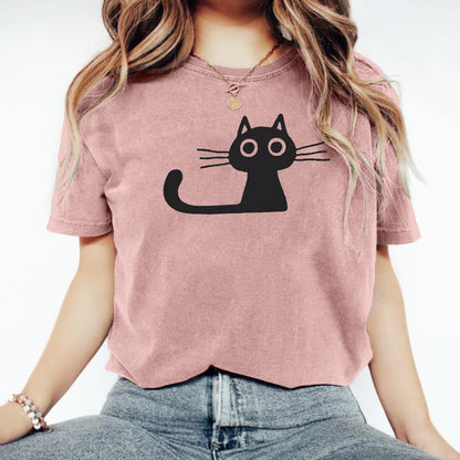 Cute Cat Print Crew Neck Vintage Cozy T Shirt elevenforest