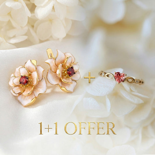 1+1 Offer: Zirconia Heart Ring + White Enamel Blossom Gold Earrings