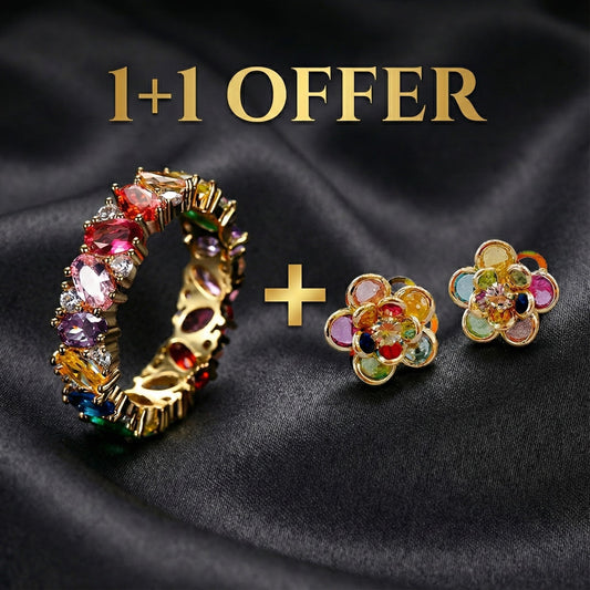 1+1 Offer: Colorful Crystal Flower Earrings + Multicolor Zirconia Ring