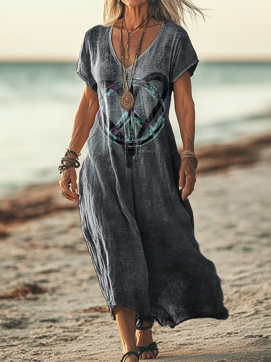 Women's Hippie Heart Peace Art Print Short Sleeve Pocket Cotton Linen