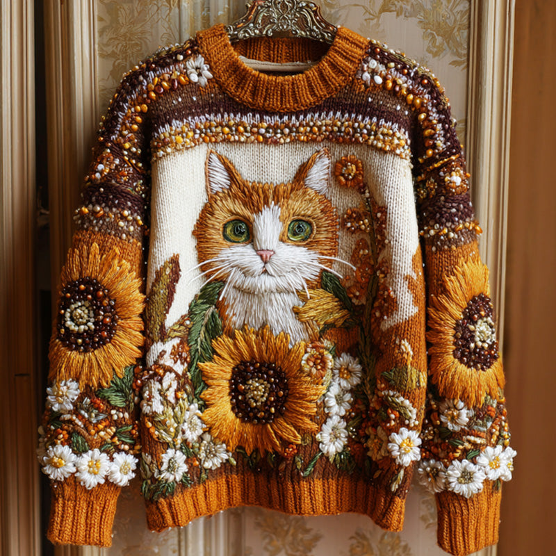 Women's Vintage Halloween Sunflower And Cat Embroidered Sweater elevenforest