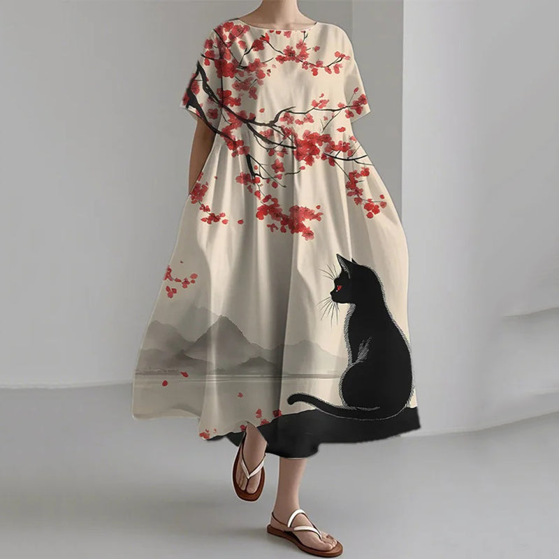 Women's Japanese Cherry Blossom Black Cat Print Short Sleeve Dress elevenforest