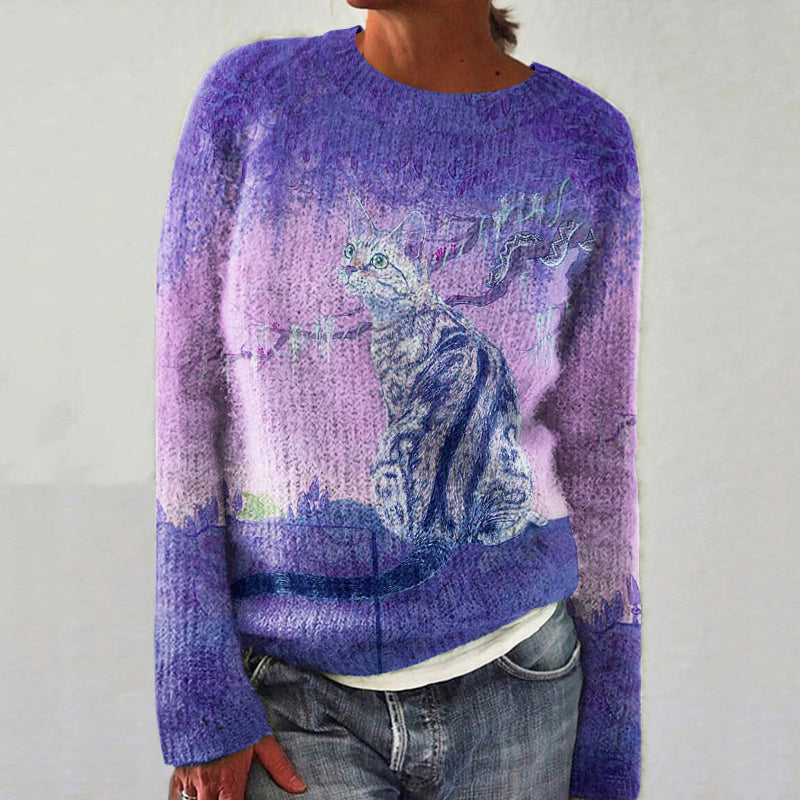 Tie Dye Color Cat Print Women's Knitted Sweater elevenforest