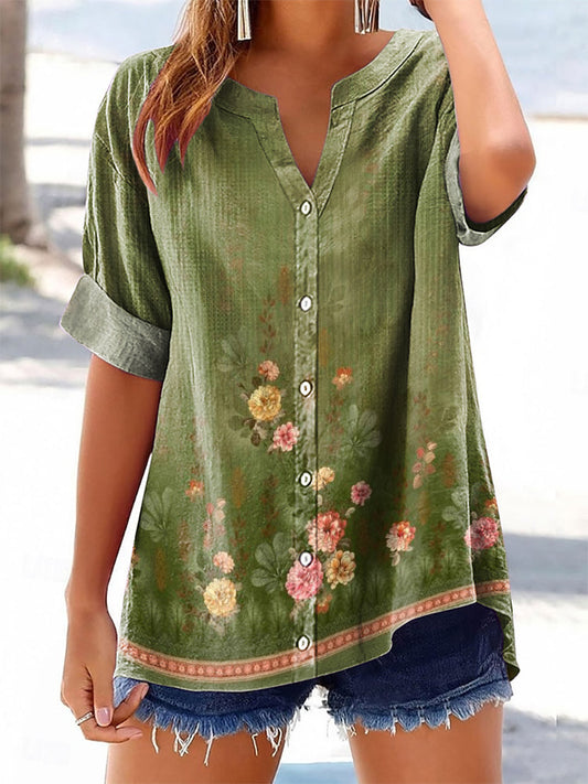 Women's Vintage Floral Art Print Casual Cotton Linen Shirt