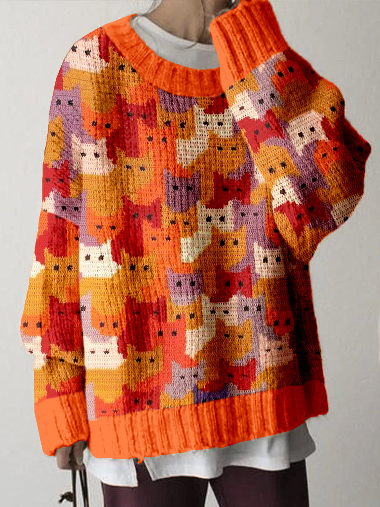 Cute Crowded Cats Knit Art Pattern Cozy Sweater elevenforest