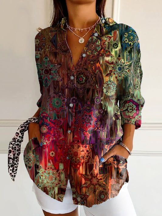 Women's Vintage Floral Art Print Casual Cotton Shirt